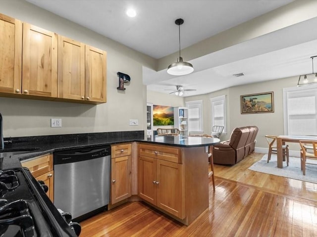 29 Chelmsford St Unit 2, Boston, MA 02122 - kitchen with stainless steel dishwasher, a peninsula, light wood-type flooring, open floor plan, and pendant lighting