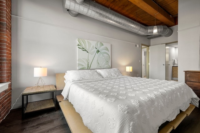 bedroom featuring wood ceiling, beam ceiling, and dark wood-type flooring