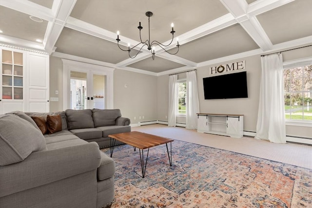 living area with baseboards, coffered ceiling, carpet flooring, and a notable chandelier