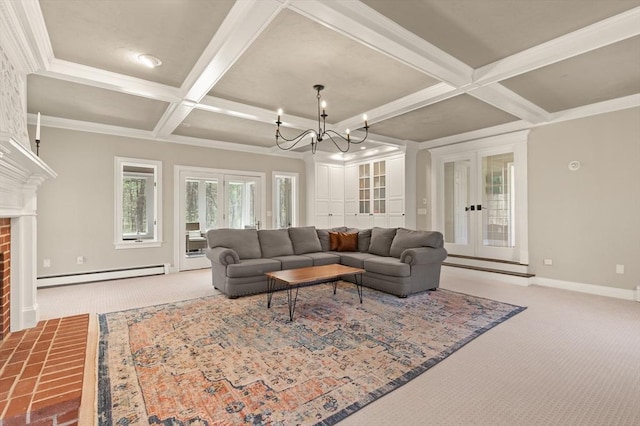 carpeted living room featuring baseboard heating, french doors, baseboards, beamed ceiling, and coffered ceiling