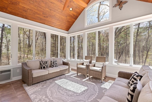 sunroom / solarium featuring outdoor lounge area, wood ceiling, baseboards, and high vaulted ceiling