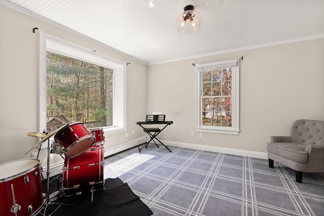 living area with baseboards and ornamental molding