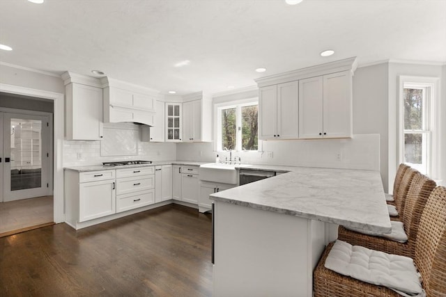 kitchen with a peninsula, dark wood-style floors, white cabinetry, a sink, and stainless steel appliances