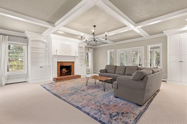 living area featuring crown molding, light colored carpet, a baseboard radiator, and coffered ceiling