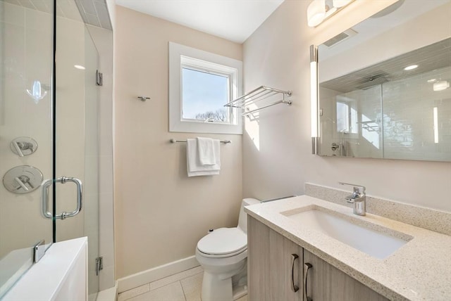 full bath featuring a shower with door, visible vents, toilet, and vanity