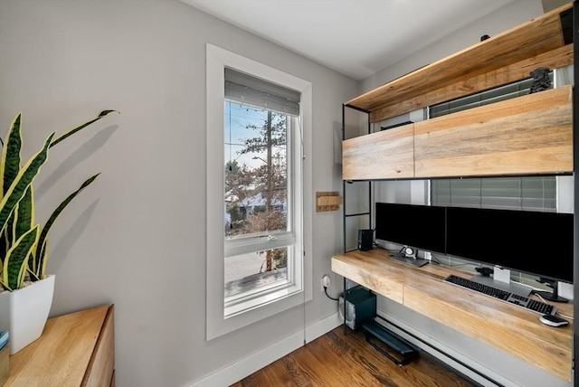 office space with baseboards and dark wood-style floors