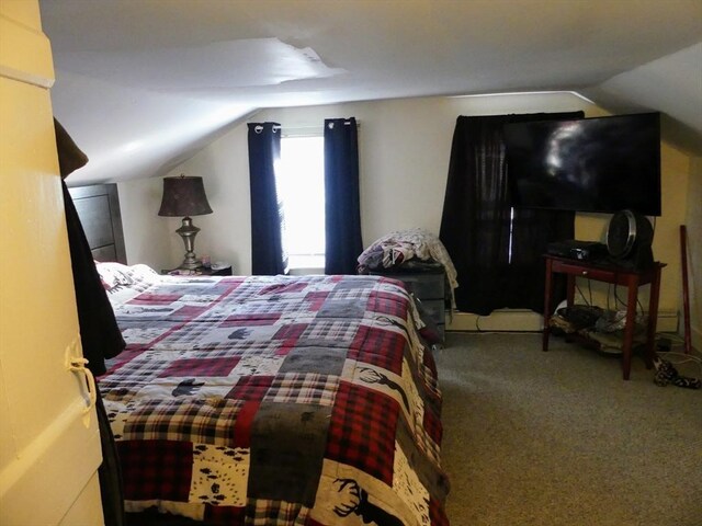 carpeted bedroom featuring lofted ceiling