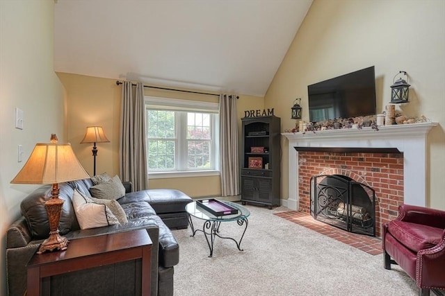 59 Davis St, Northborough, MA 01532 - living room with carpet floors, a brick fireplace, and high vaulted ceiling