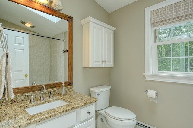 59 Davis St, Northborough, MA 01532 - full bath featuring a shower, vanity, a baseboard heating unit, and vaulted ceiling