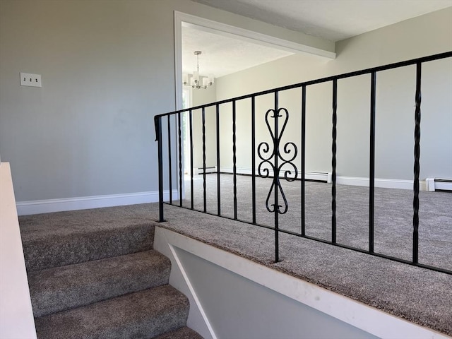 11 Skyview Ln, Woburn, MA 01801 - stairs with a chandelier, beam ceiling, carpet flooring, and a baseboard radiator