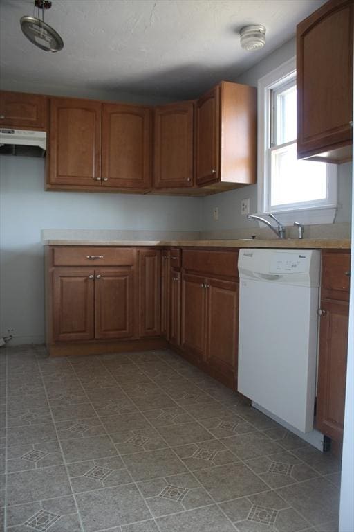 11 Skyview Ln, Woburn, MA 01801 - kitchen featuring white dishwasher, exhaust hood, and brown cabinetry