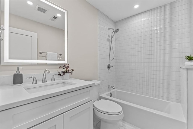 full bath featuring shower / bathtub combination, toilet, visible vents, and marble finish floor