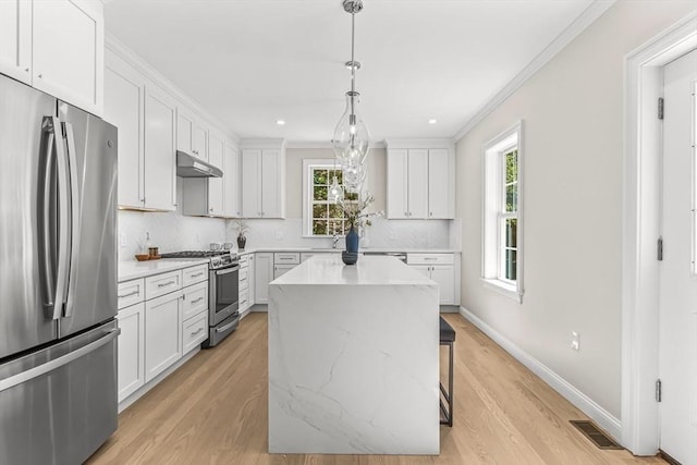 kitchen featuring appliances with stainless steel finishes, tasteful backsplash, under cabinet range hood, visible vents, and ornamental molding