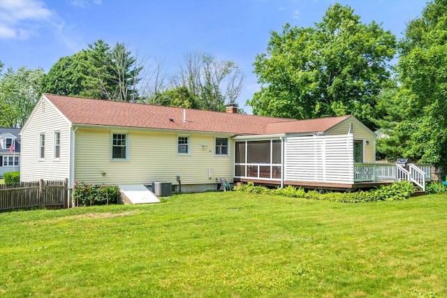 23 Redbird Rd, Wrentham, MA 02093 - rear view of property featuring a wooden deck, a sunroom, and a chimney