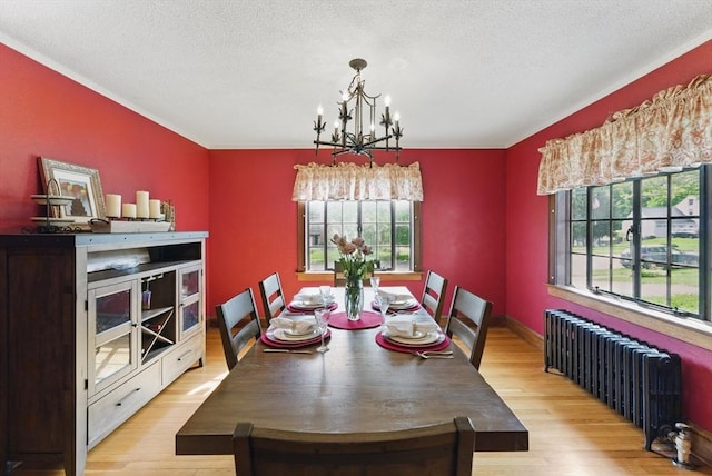 96 Craiwell Ave, West Springfield, MA 01089 - dining space featuring radiator heating unit, a chandelier, wood finished floors, and a textured ceiling