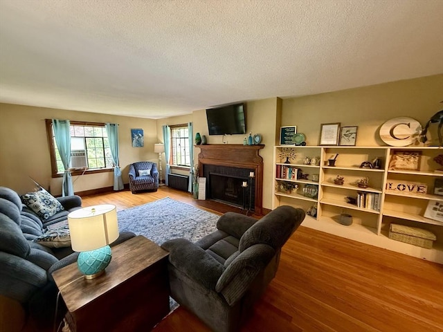 96 Craiwell Ave, West Springfield, MA 01089 - living room with a fireplace with flush hearth, wood finished floors, a textured ceiling, and radiator heating unit