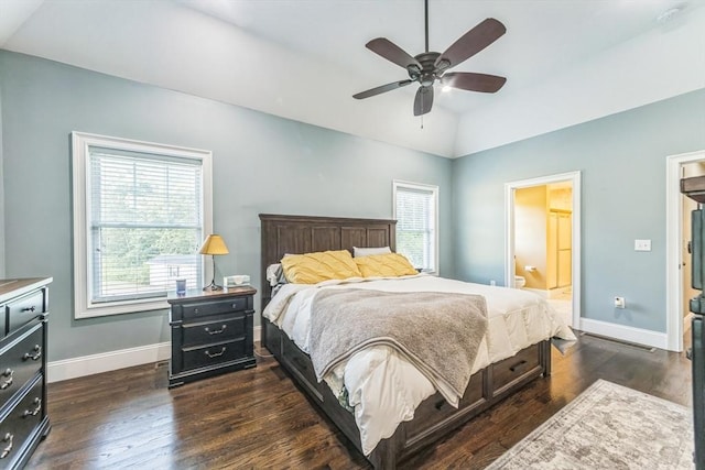19 Crystal Cir, Tewksbury, MA 01876 - bedroom featuring lofted ceiling, dark wood-type flooring, a ceiling fan, and connected bathroom