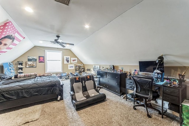 19 Crystal Cir, Tewksbury, MA 01876 - carpeted bedroom with vaulted ceiling, an office area, and ceiling fan