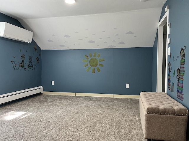 additional living space with an AC wall unit, carpet floors, lofted ceiling, a baseboard heating unit, and baseboards