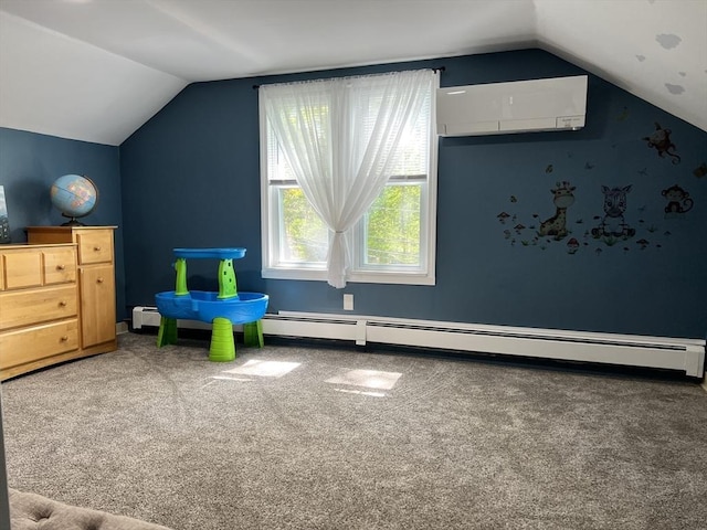 bonus room featuring lofted ceiling, a wall mounted air conditioner, carpet floors, and a baseboard radiator