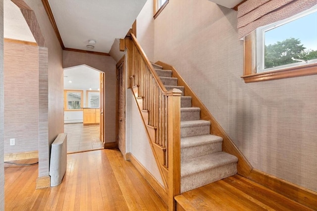 80 Joyce Kilmer Rd, Boston, MA 02132 - staircase with wood-type flooring and crown molding