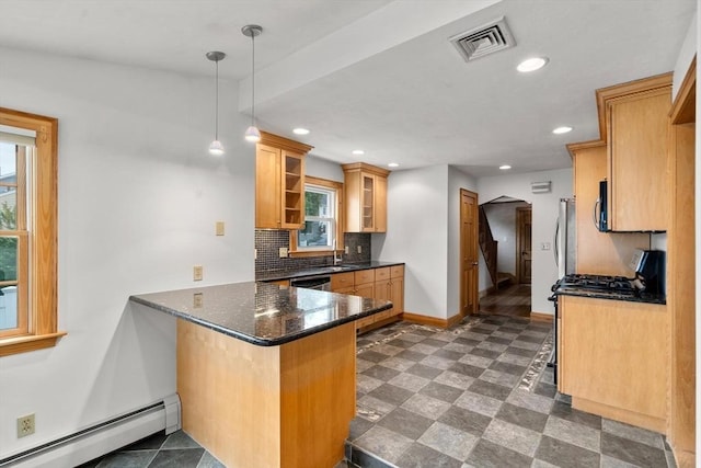 80 Joyce Kilmer Rd, Boston, MA 02132 - kitchen with baseboard heating, a peninsula, glass insert cabinets, backsplash, and recessed lighting
