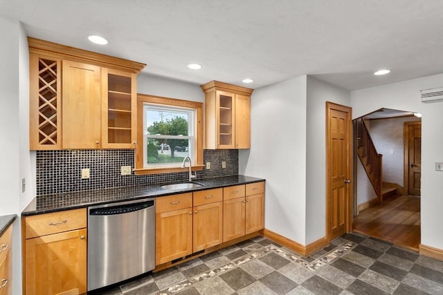 80 Joyce Kilmer Rd, Boston, MA 02132 - kitchen featuring dishwasher, backsplash, glass insert cabinets, recessed lighting, and dark stone countertops