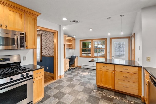 80 Joyce Kilmer Rd, Boston, MA 02132 - kitchen featuring stainless steel appliances, baseboard heating, built in desk, dark stone counters, and recessed lighting