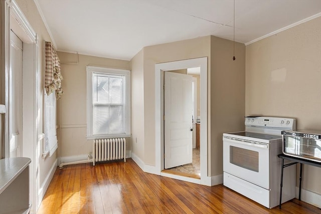 kitchen with hardwood / wood-style flooring, crown molding, white electric stove, and radiator