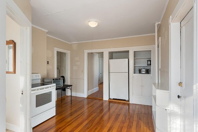 kitchen featuring white appliances, hardwood / wood-style floors, and ornamental molding