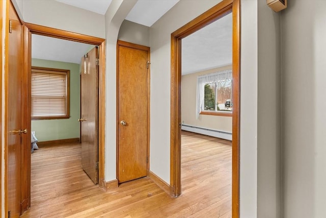 hallway with light wood-type flooring, a baseboard radiator, and baseboards