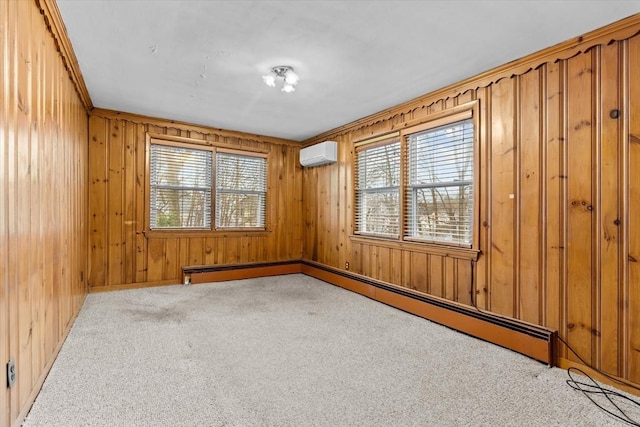 carpeted empty room with wooden walls and an AC wall unit