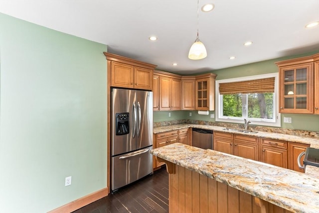 45 Curtis Ave, Attleboro, MA 02703 - kitchen with stainless steel appliances, a sink, recessed lighting, glass insert cabinets, and dark wood-type flooring