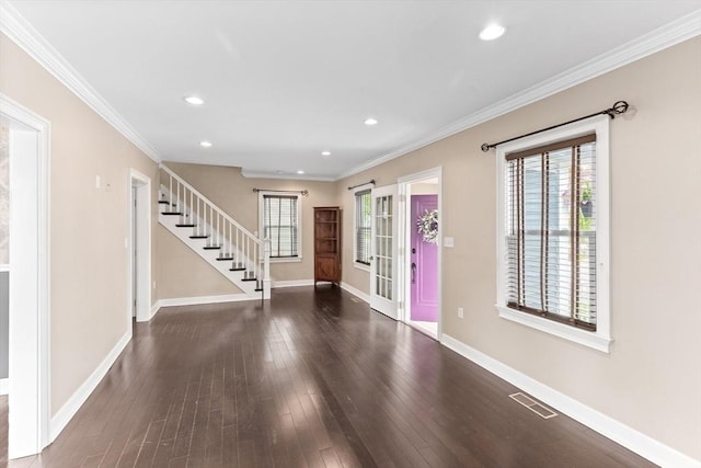 45 Curtis Ave, Attleboro, MA 02703 - entryway featuring stairs, baseboards, dark wood-style flooring, recessed lighting, and crown molding
