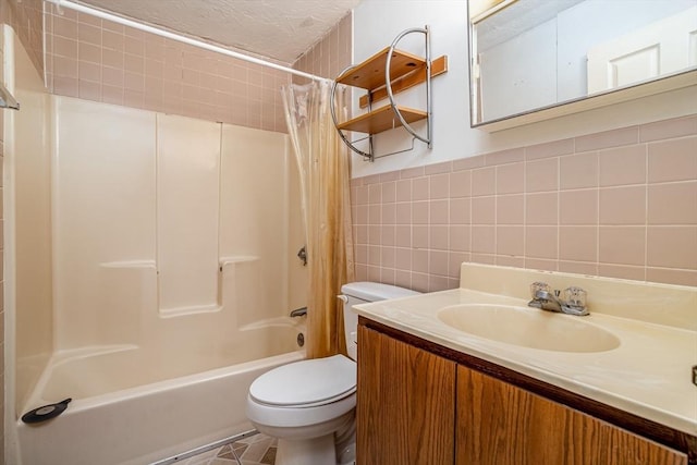 full bathroom with toilet, tasteful backsplash, tile walls, shower / bathtub combination with curtain, and vanity