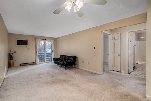 living area featuring baseboard heating, ceiling fan, and light carpet