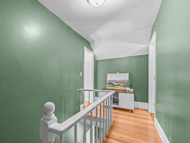 34 Prout St, Quincy, MA 02169 - hall featuring an upstairs landing, light wood-style flooring, vaulted ceiling, and baseboards