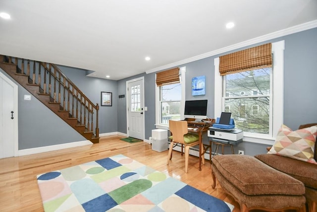 office with ornamental molding, baseboards, recessed lighting, and wood finished floors