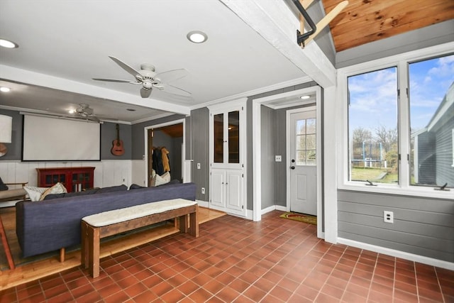 bedroom featuring recessed lighting, baseboards, ornamental molding, and ceiling fan