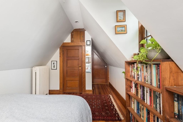 40 Stone Rd, Belmont, MA 02478 - bedroom with radiator heating unit, wood finished floors, and lofted ceiling