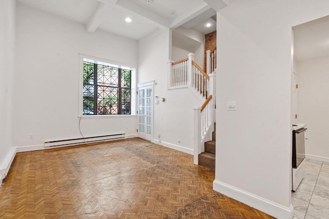 100-1/2 W Springfield St, Boston, MA 02118 - entryway with a baseboard heating unit, stairs, baseboards, recessed lighting, and beamed ceiling