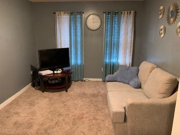 living area with carpet and baseboards