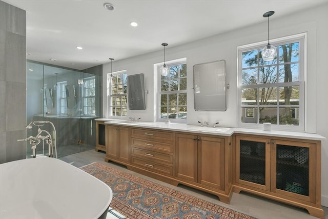 full bath featuring a shower stall, a healthy amount of sunlight, a sink, and a freestanding tub