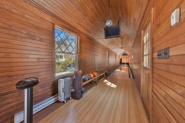 interior space featuring bowling, wood finished floors, wooden walls, and wooden ceiling