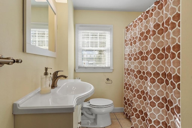 bathroom featuring tile patterned flooring, baseboards, vanity, and toilet