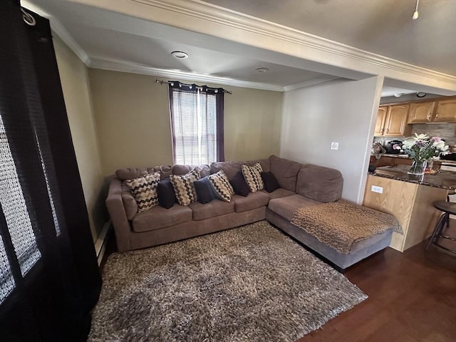 living area featuring crown molding and dark wood finished floors