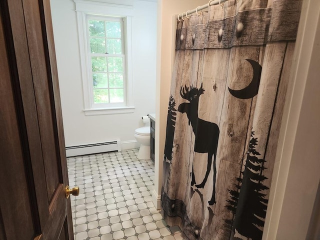 134 Mountain Rd, Princeton, MA 01541 - full bath featuring a baseboard radiator, toilet, tile patterned floors, a shower with shower curtain, and baseboards