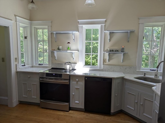 134 Mountain Rd, Princeton, MA 01541 - kitchen featuring dishwasher, stainless steel electric range, open shelves, and a sink