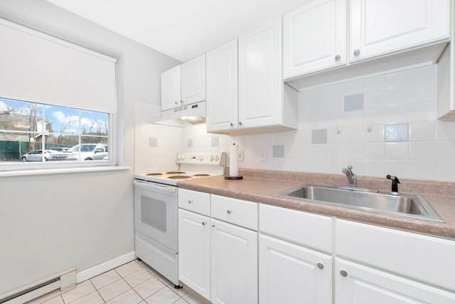 kitchen featuring baseboard heating, sink, light tile patterned floors, electric range, and white cabinetry