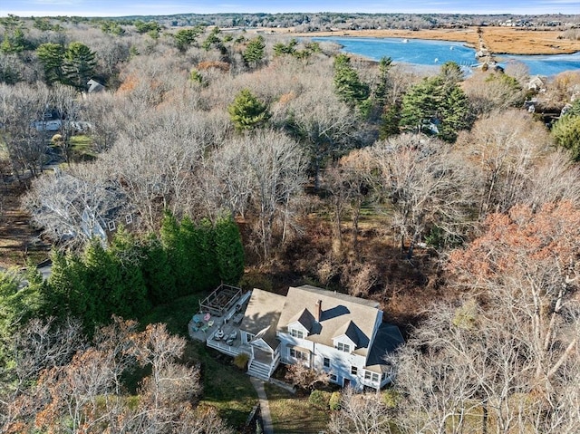 bird's eye view with a water view and a wooded view